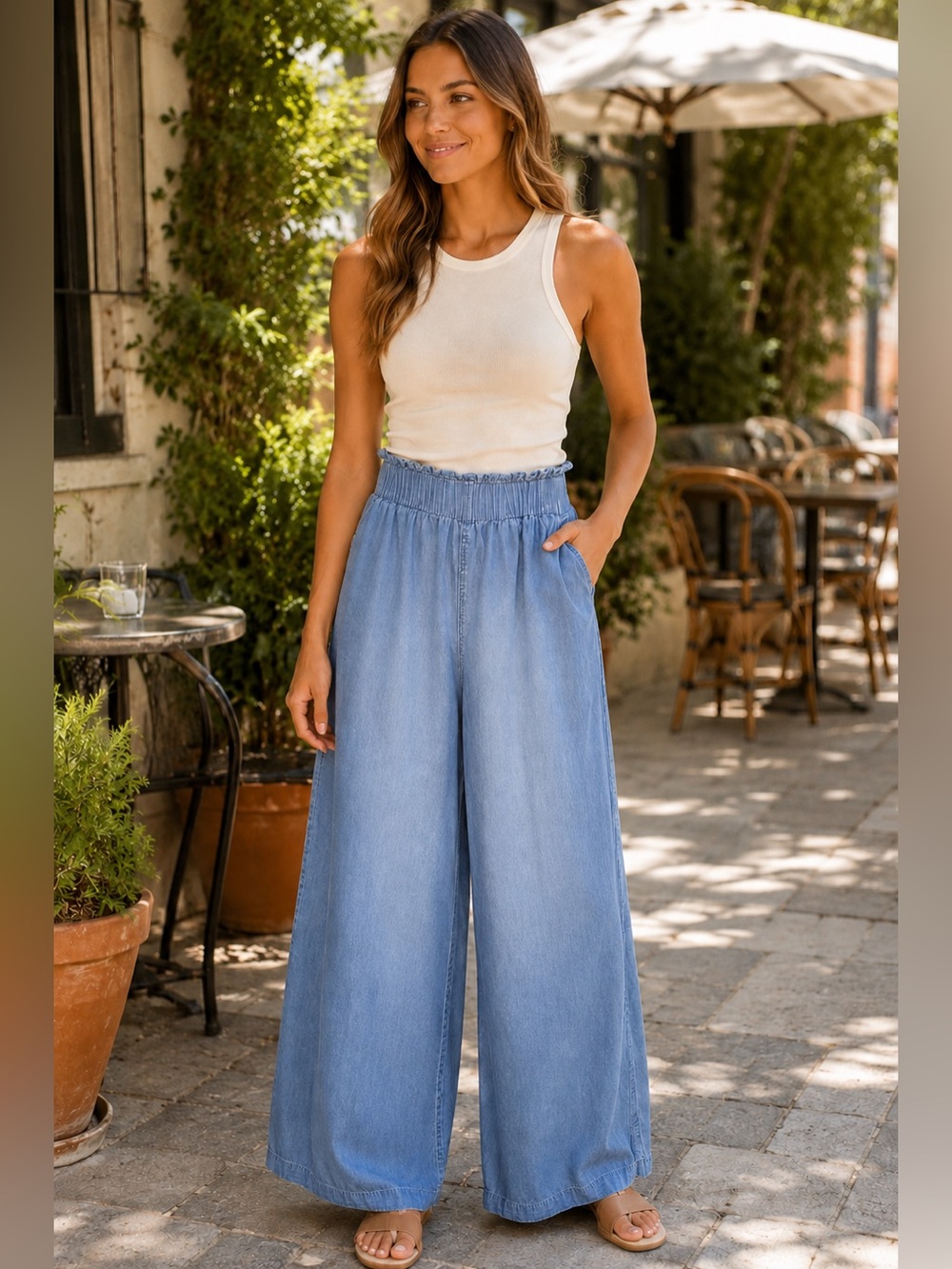Sincerely Jules Chambray Wide Leg Pull On Pants Smocked & High Waist, Small